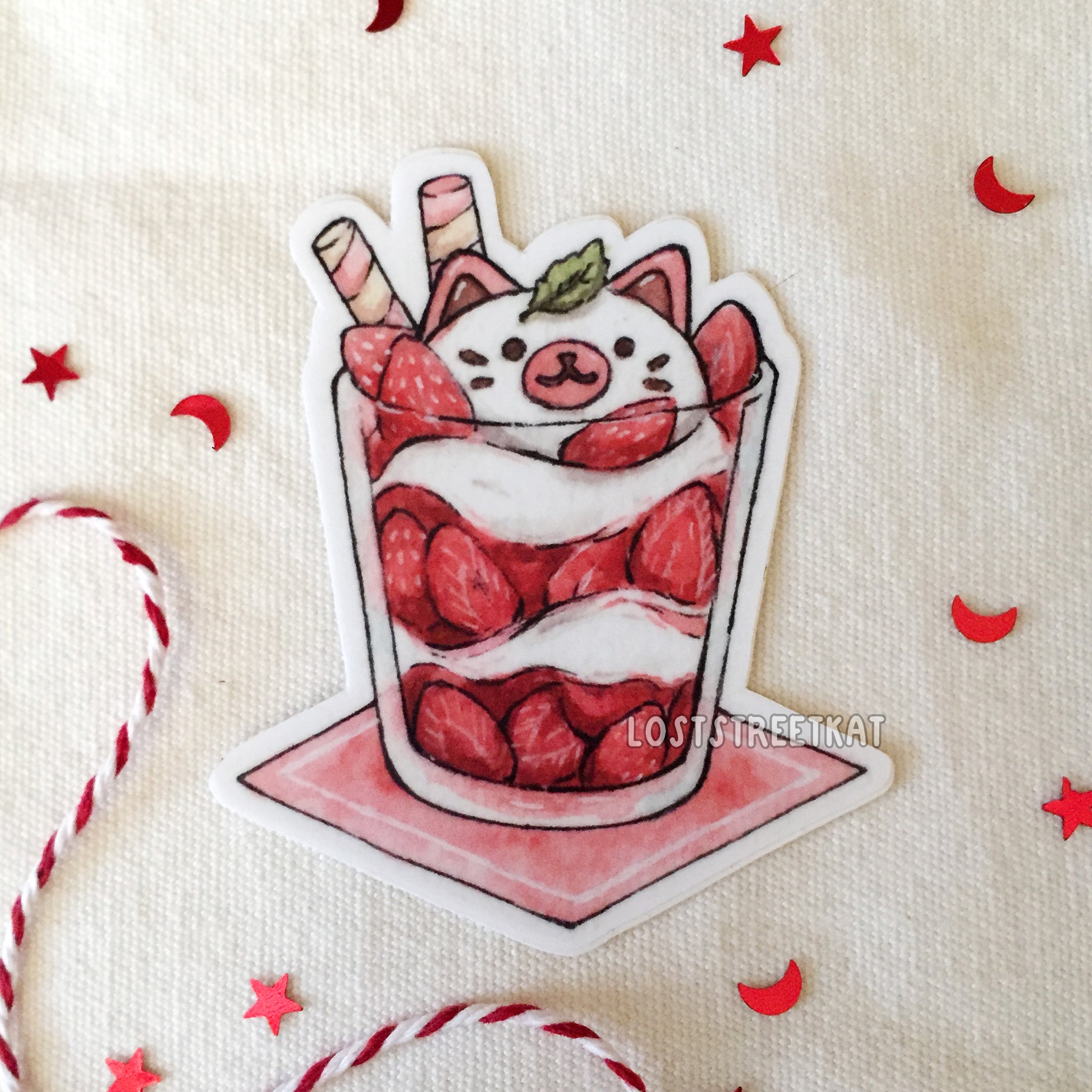 Strawberry Purrfait Vinyl Cat Sticker - loststreetkat