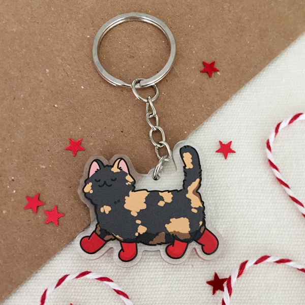 Tortie Cat with Boots Keychain - loststreetkat